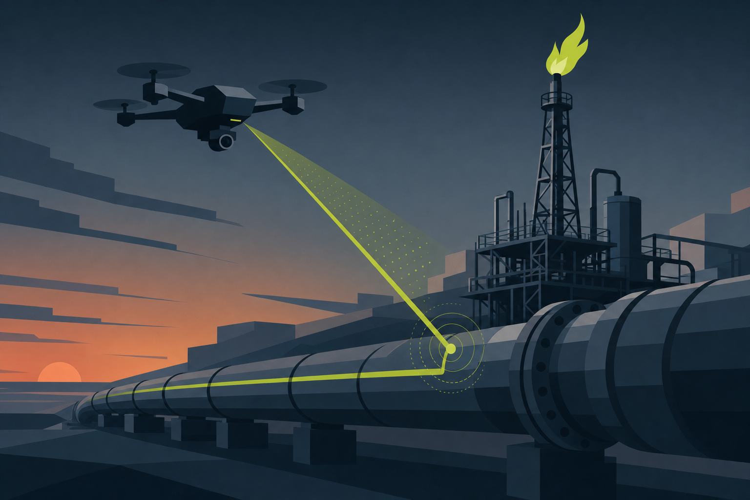 Abstract illustration of a drone inspecting industrial pipeline infrastructure