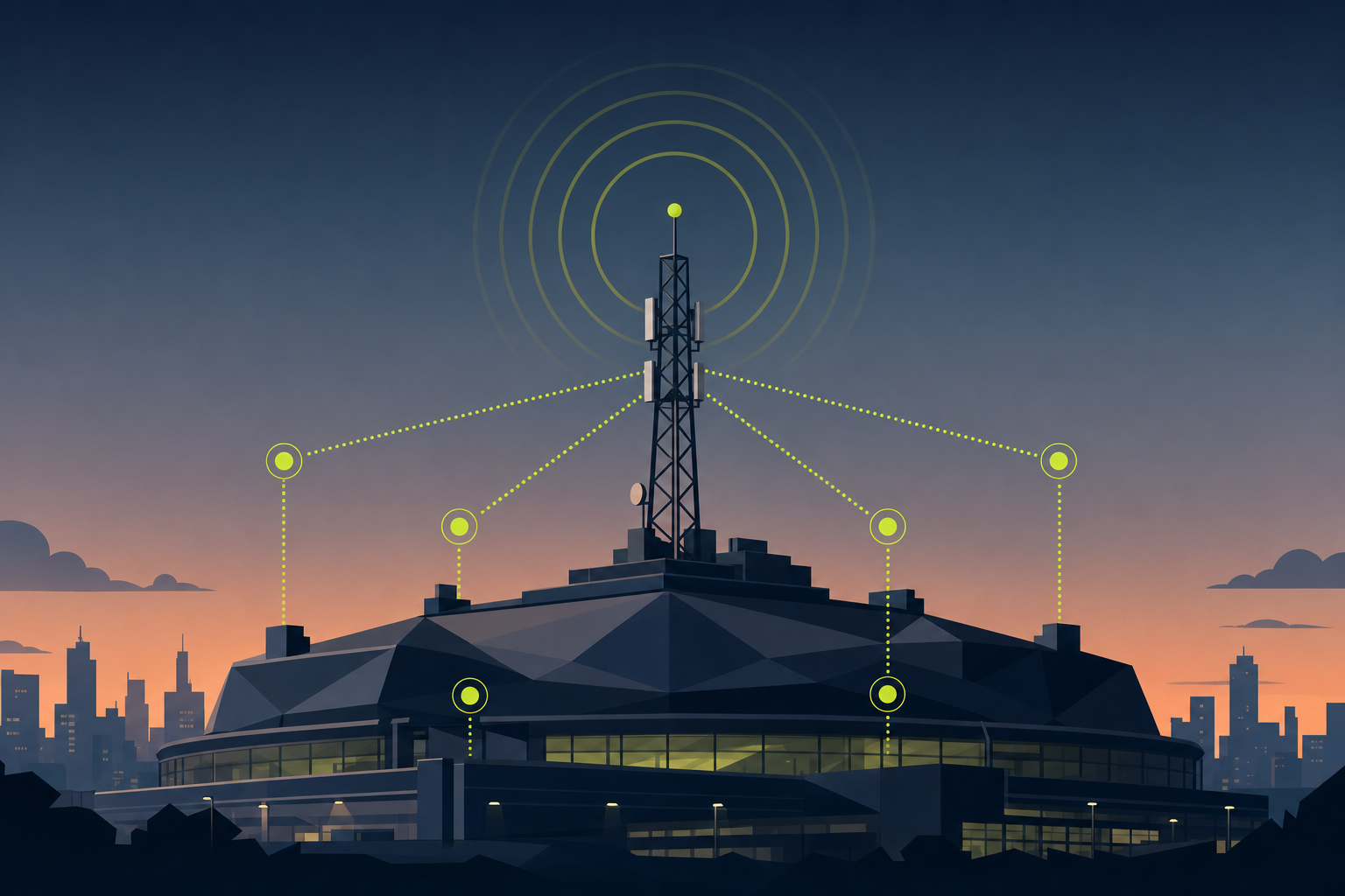 Abstract illustration of enterprise telecom infrastructure signal towers