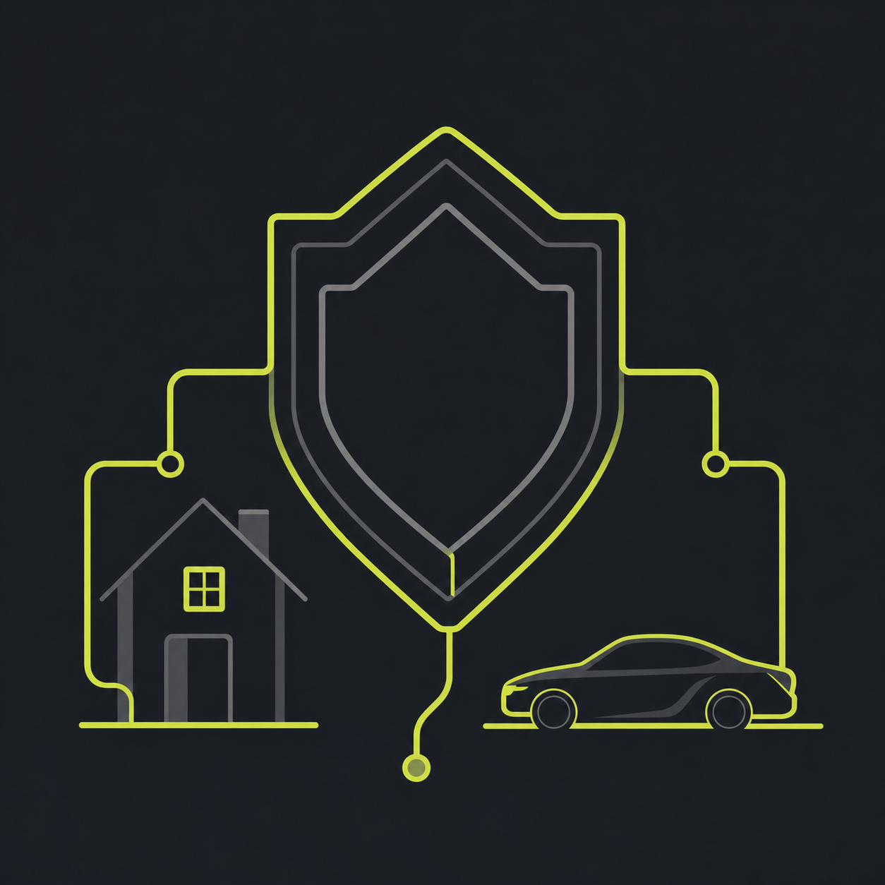 Abstract illustration of a digital insurance shield connecting to house and car icons