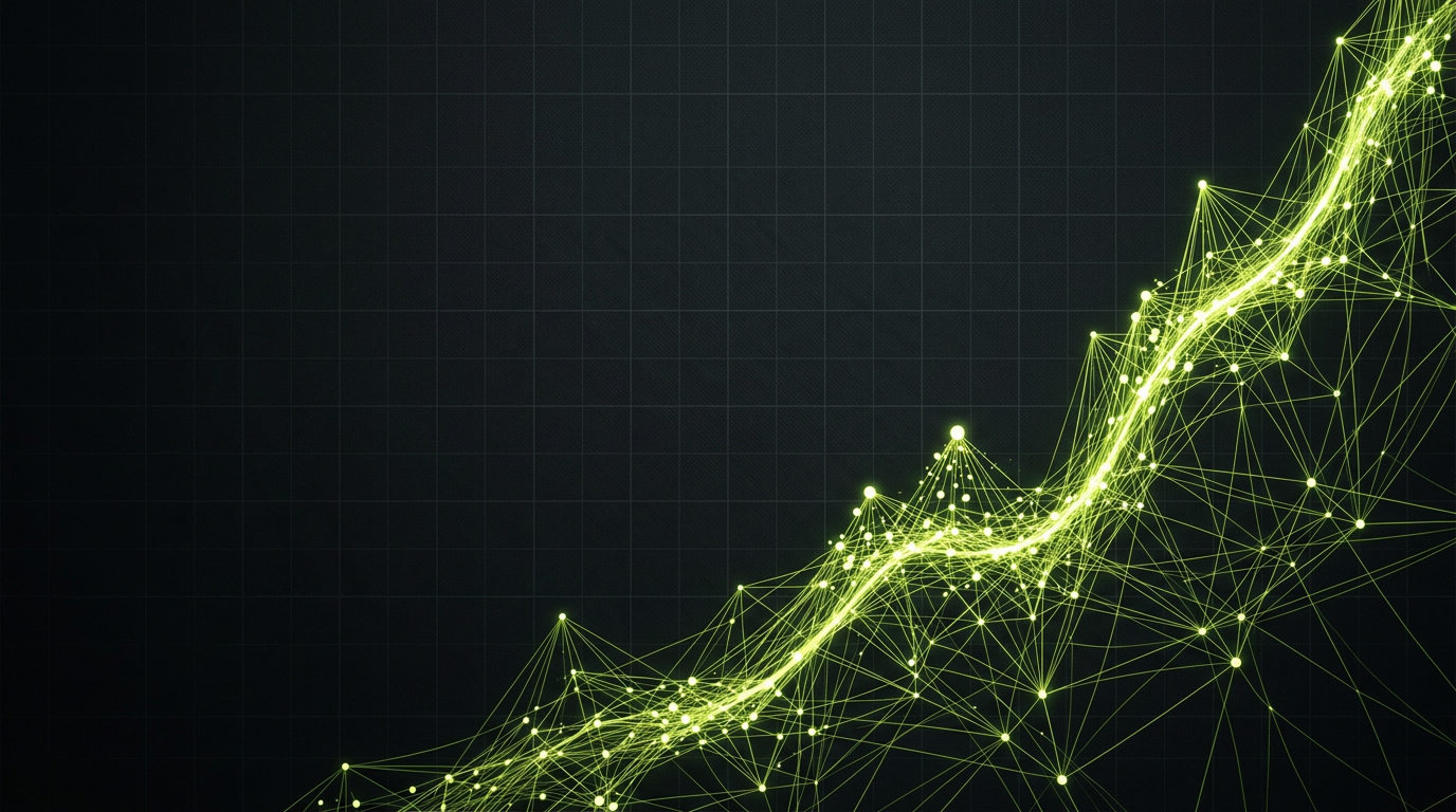Abstract visualization of an ascending digital growth curve formed from glowing data nodes