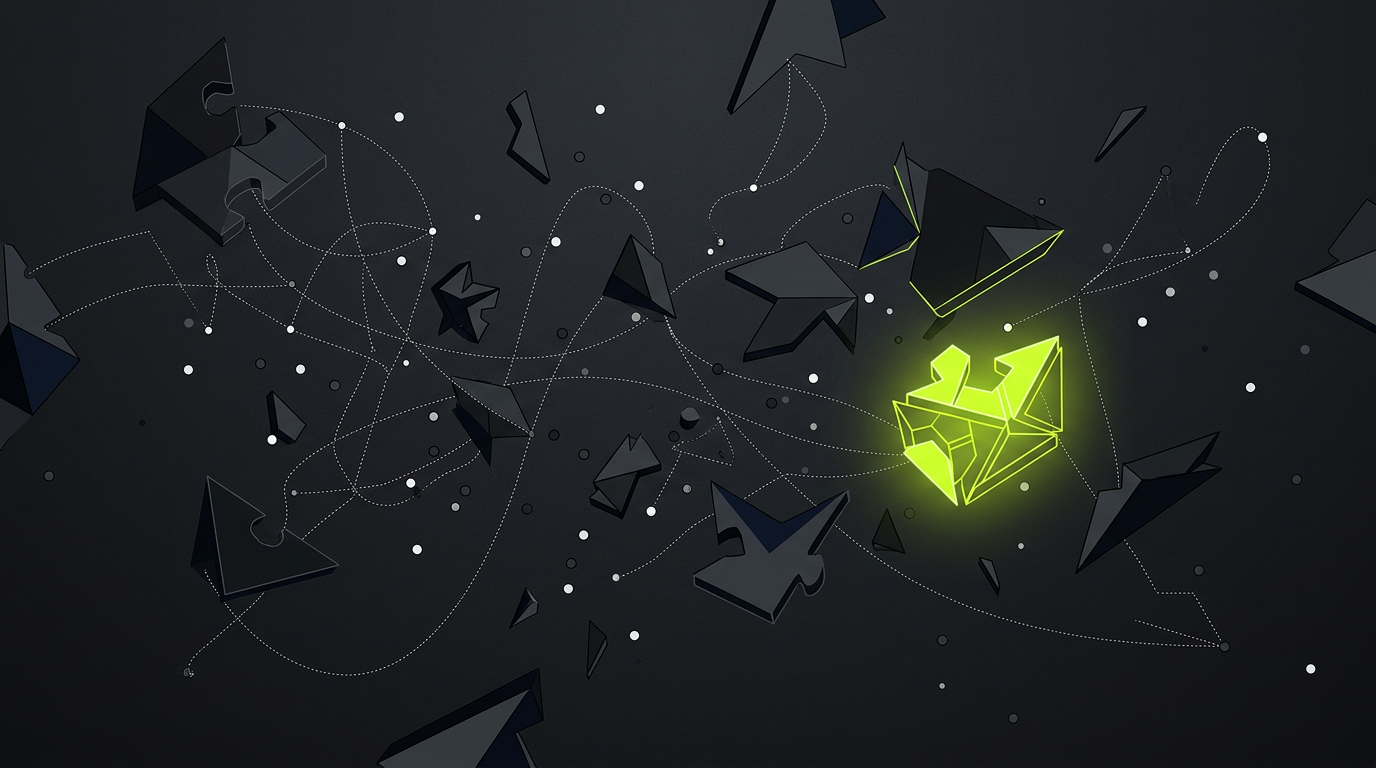 Abstract illustration of scattered disconnected digital fragments