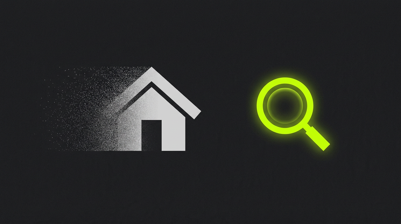 Abstract illustration of a homepage icon fading into static beside a search icon
